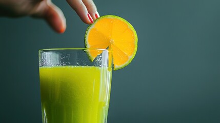 Wall Mural -   A person holding an orange slice beside a glass of orange juice with a lime wedge inside it