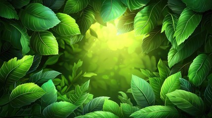 Lush green leaves frame sunlit jungle; nature background for websites