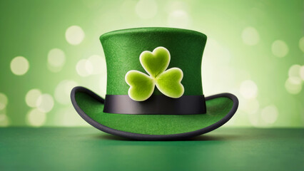 green hat and shamrock on a vibrant green background for st. patrick's day celebration.