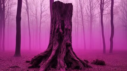 Wall Mural - mysterious forest landscape featuring an ancient tree stump surrounded by mist and vibrant purple hu