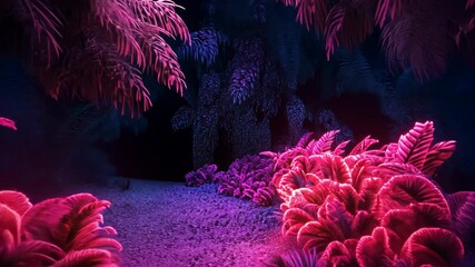 Wall Mural - vibrant neon jungle landscape illuminated by ethereal light at night