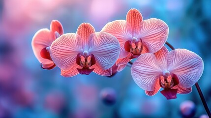 Wall Mural - Pink orchids bloom against a bokeh backdrop, for use in nature and beauty themed designs