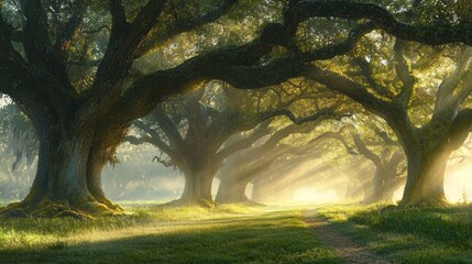 Wall Mural - Sunbeams through majestic oak trees in a misty field.