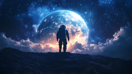 Wall Mural - Astronaut silhouette walking towards glowing earth in space with stars and a rocky surface. Dream - Clouds. Illustration