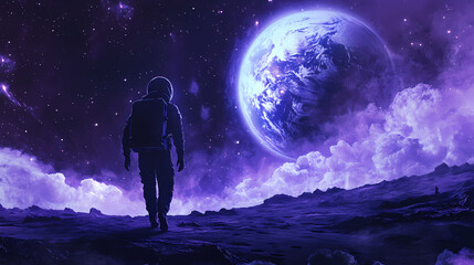 Wall Mural - Astronaut silhouette walking towards glowing earth in space with stars and a rocky surface. Dream - Clouds. Illustration
