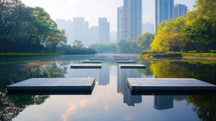 Wall Mural - Serene urban park pond with stepping stones reflecting modern cityscape.