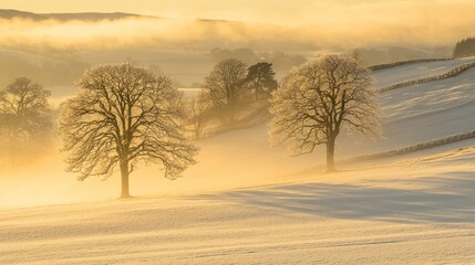 Wall Mural - Frosty sunrise illuminates snow-covered landscape with two majestic trees.