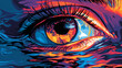 © Thiago - Extreme close-up of a human eye with colorful digital reflections. Reflection - Lake. Illustration