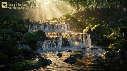 Wall Mural - Sunlit cascading waterfall in lush forest.