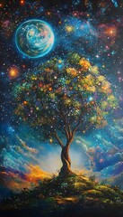 Wall Mural - an imaginative tree reaching towards a distant planet in space