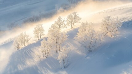 Wall Mural - Sunlit frost-covered trees on snowy hillside.