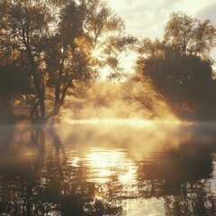 Wall Mural - Sunrise mist over calm river reflecting golden sunlight through trees.