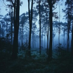 Wall Mural - Misty forest at dawn, tall trees shrouded in fog.