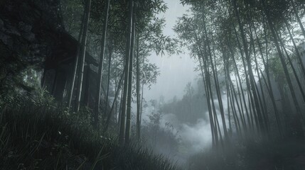 Wall Mural - Misty bamboo forest path with ancient structure.