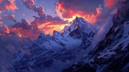 Wall Mural - Majestic snow-capped mountains at sunset, vibrant sky.