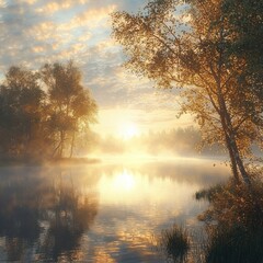 Wall Mural - Misty sunrise over calm lake with trees.