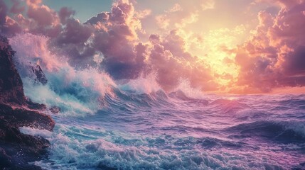 Wall Mural - Dramatic ocean waves crashing on rocks at sunset.