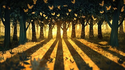 Wall Mural - Sunlit forest path with falling leaves.