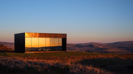 Wall Mural - Sunset reflecting on modern glass pavilion in a vast landscape.