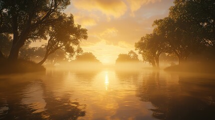 Wall Mural - Misty sunset over calm river, trees reflected in golden water.