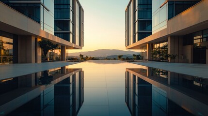 Wall Mural - Symmetrical modern buildings reflected in a calm pool at sunrise.