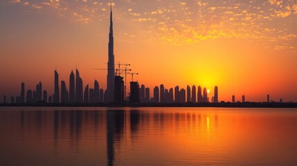 Wall Mural - Stunning sunset silhouette of modern city skyline reflected in calm water.