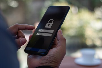 Aufkleber - Cyber security concept. Hand holding a smartphone to login username password on screen. Data privacy online protection on mobile phone application with 2FA increases security. Secure internet access.