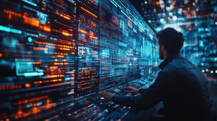 Young hispanic male programmer analyzing data on futuristic digital screens in a dimly lit room