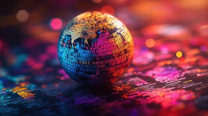 Colorful digital globe with programming code reflections in vibrant background