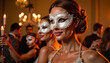 © LunaStar - Elegant masked dancers in golden candlelight at masquerade ball, intrigue
