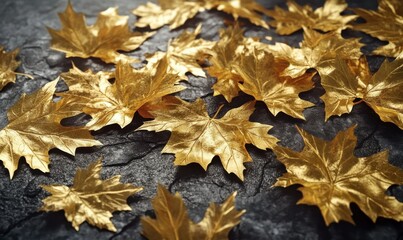 Wall Mural - Artistic close-up of golden maple leaves scattered on a dark slate surface illuminated by diffused light emphasizing their intricate details and seasonal beauty