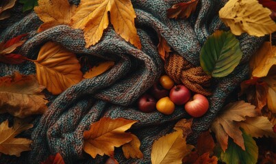 Wall Mural - Autumn-themed flat lay of colorful leaves, warm knitted scarves, and cozy seasonal textures, natural light enhancing the vibrant tones