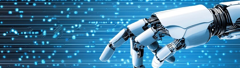 Robotic hand interacting with digital data stream; AI, automation concept