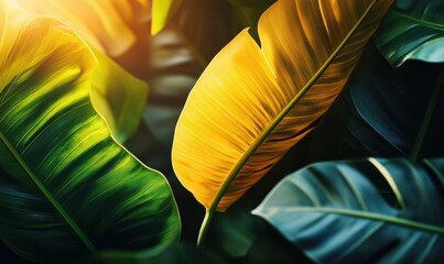 Macro shot of vibrant yellow and green tropical leaves illuminated by golden sunlight highlighting their natural texture and vibrancy