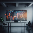 © BARETH - Futuristic office with digital world map, global networking, and data connections visualized on a high-tech display screen