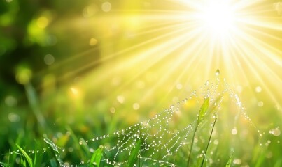 The morning sun highlights a spiderweb adorned with dew drops, crafting an exquisite and detailed pattern.