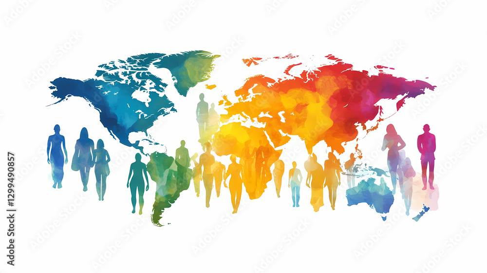 A colorful world map silhouette with diverse figures representing unity ...