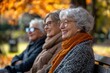 © angelmaxmixam - Older women sit together. Autumn leaves. Friends smiling. Ladies resting on park bench. Gray hair. Happy people. Looking away. Relaxed moment. Fall colors.