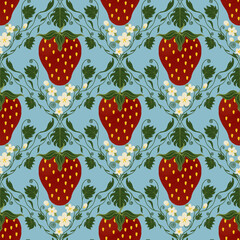 a seamless vintage strawberry pattern with intricate green leaves, white flowers, and vines on a sof