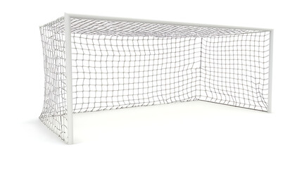 A soccer goal with a net that is white and black