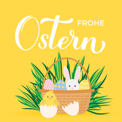 Wall Mural - Happy Easter calligraphy lettering in German language. Basket of eggs, bunny and cute cartoon chicken. Easter celebration greeting card. Vector illustration.