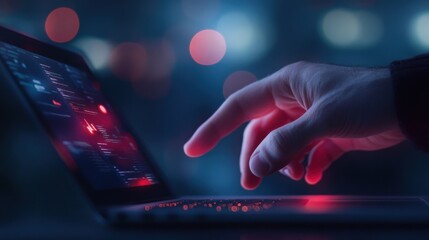 coding hand on Laptop screen with data