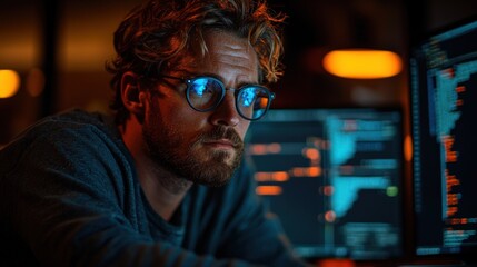 focused individual working on computer programming in a dimly lit environment with screens
