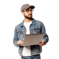 Portrait of an IT worker wearing glasses, a denim jacket, and a cap, holding a laptop in their hand on transparent background. Ai Generate