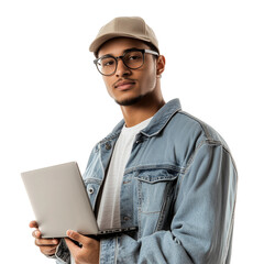 portrait of an it worker wearing glasses, a denim jacket, and a cap, holding a laptop in their hand 