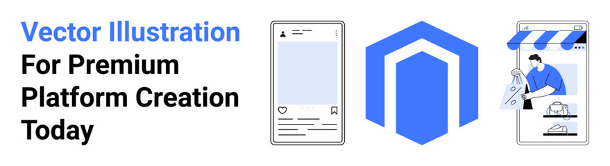 Mobile screen, platform logo, and e-commerce storefront represent digital business tools. Ideal for online branding, web design, e-commerce, app development, marketing, SaaS services and flat