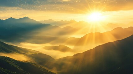 Wall Mural - golden rays of sunlight pierce through a misty valley, illuminating majestic mountain peaks during a