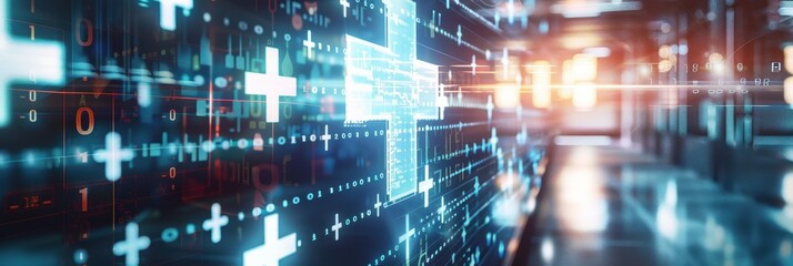 Abstract futuristic data flow with plus signs and binary numbers concept
