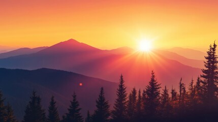 Wall Mural - golden sun rays illuminating a vibrant sky filled with colors over majestic mountain peaks and a lus