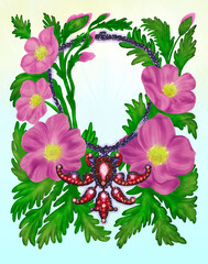 hand drawn jewelry design featuring flowers and precious stones. artistic jewelry illustration with 
